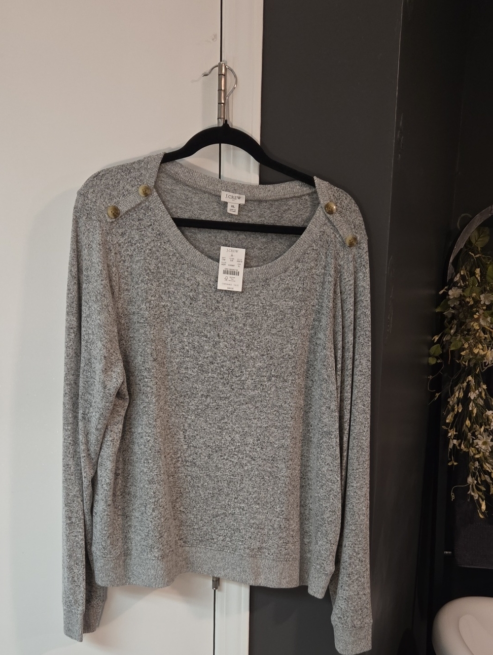 J. Crew Gray Button-Shoulder Crewneck Sweater
